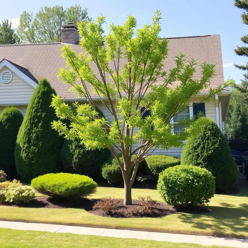 Neatly trimmed tree and shrubs after professional tree service in Frederica Delaware