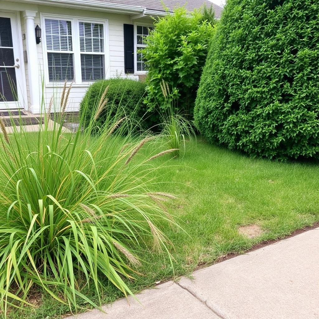 Overgrown weedy lawn before mowing service in Dover Delaware