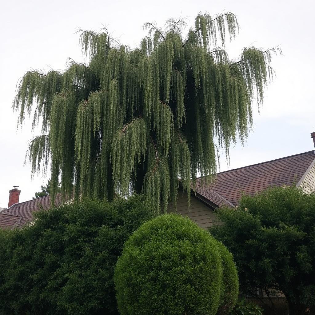Overgrown tree and shrubs hanging over house before tree service in Frederica Delaware